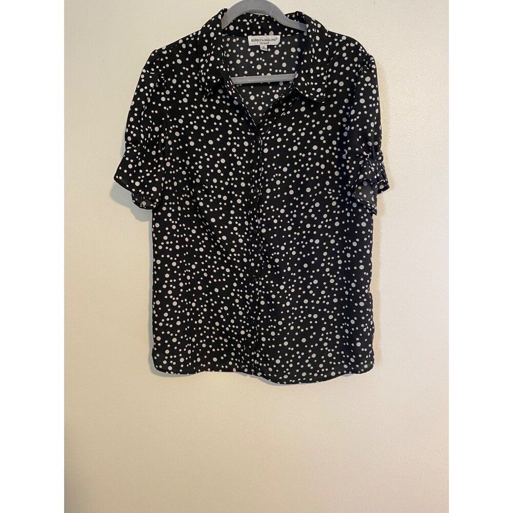 Rebecca Malone 1X Shirt Black & White Polka Dot Button-Up Short Sleeve Blouse